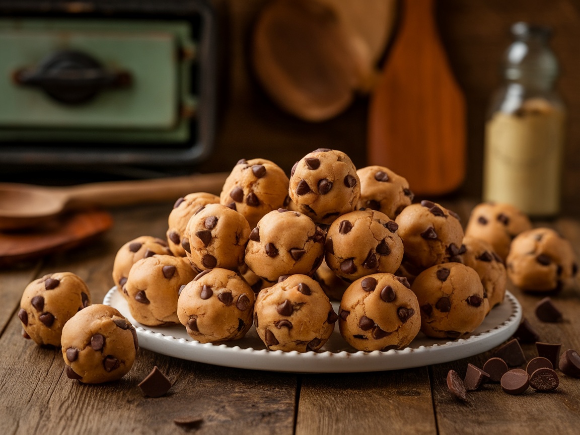 Delicious chocolate chip cookie dough bites on a rustic wooden table, showcasing the rich color and chocolate chips.